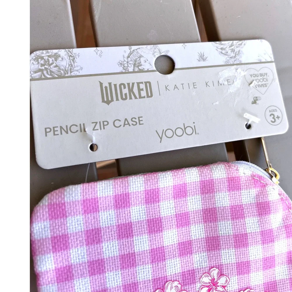 Yoobi Wicked Katie Kime Pencil Zip Case Glinda Elphaba Gingham Pink Green NEW